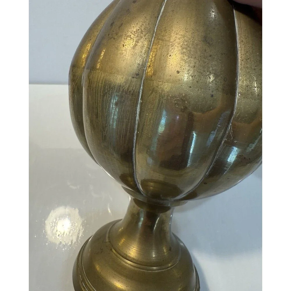 Vintage Brass Lotus Flower Pedestal Vase Scalloped Planter Urn India 7